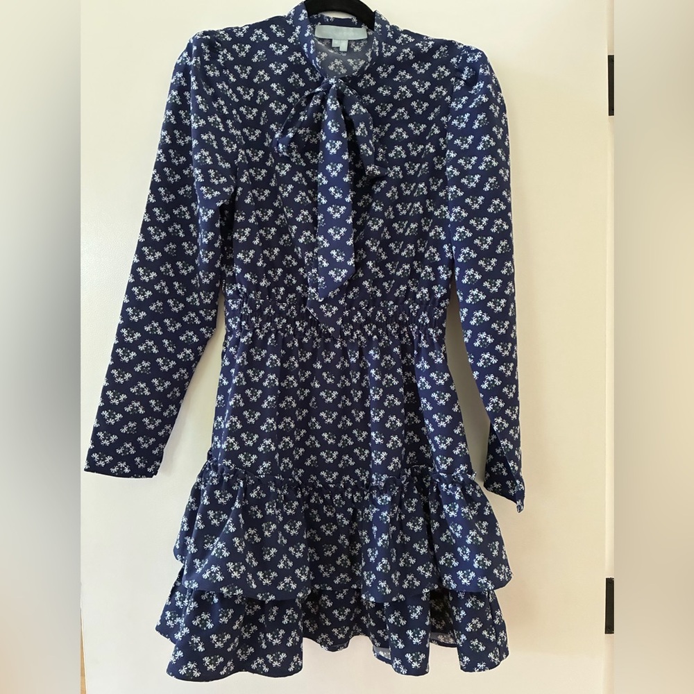 Hill House Navy and White Floral Tie-Neck Women’s Ruffle Dress